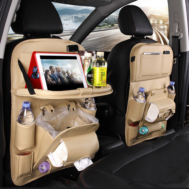 PU Leather Car Organizer - Multifunctional Waterproof Seat Back Storage Bag with Tray