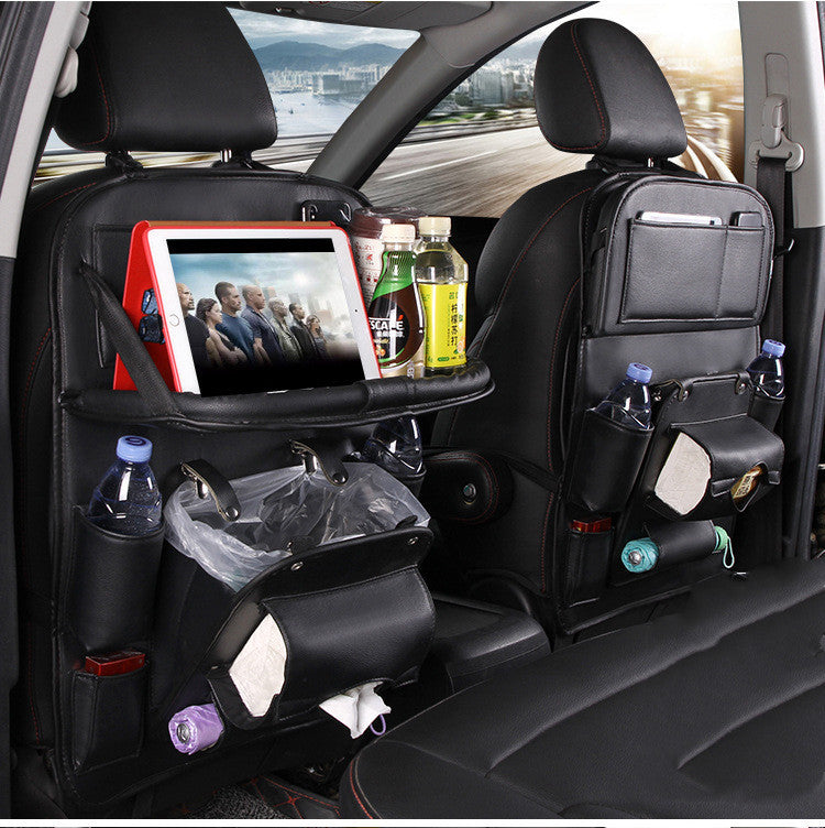 PU Leather Car Organizer - Multifunctional Waterproof Seat Back Storage Bag with Tray