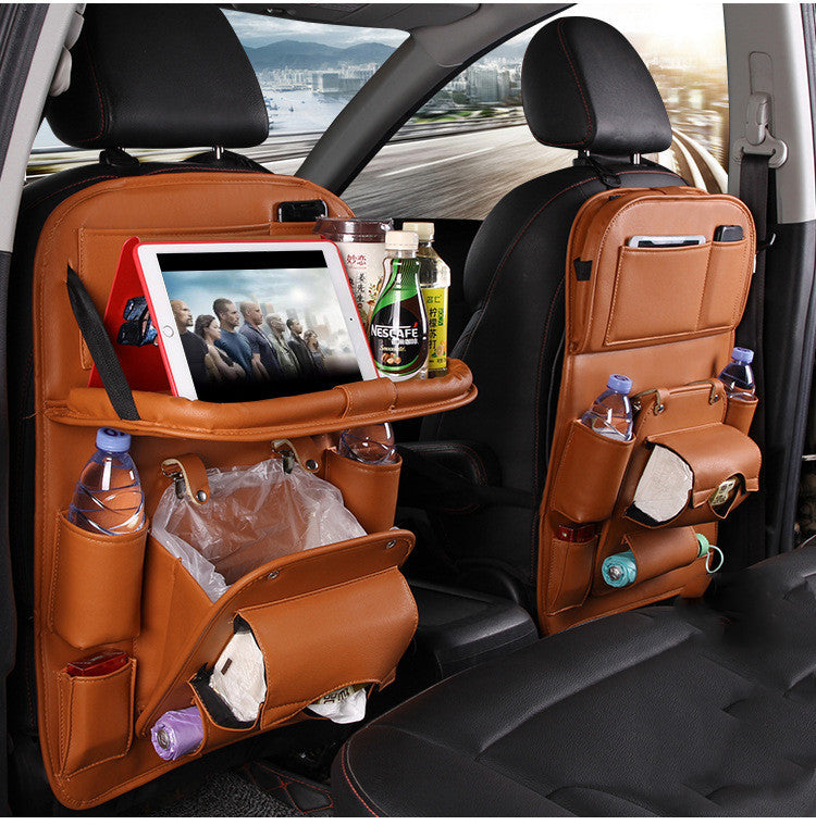 PU Leather Car Organizer - Multifunctional Waterproof Seat Back Storage Bag with Tray