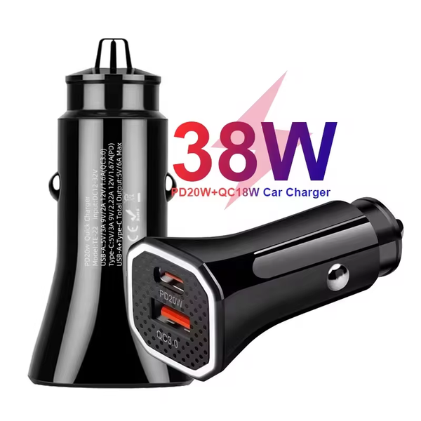 38W Dual Port USB-C Car Charger for iPhone & Android Phones