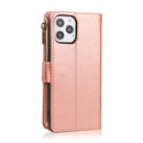 For iPhone 13/14 Luxury Wallet Card ID Zipper Money Holder Case Cover - Rose Gold