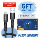 Loose (Pack of 20) Counter Box - 5FT Fast Charging Cable [USB - Type C (PD)] Nylon Braided - Black w/ Black Shell (32)