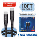 Loose (Pack of 10) Counter Box - 10FT Fast Charging Cable [Type C - Type C (PD)] Nylon Braided - Black w/ Black Shell (36)