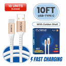 Loose (Pack of 10) Counter Box - 10FT Fast Charging Cable [Type C - Type C (PD)] - White w/ Golden Shell (24)