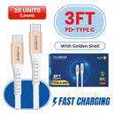 Loose (Pack of 20) Counter Box - 3FT Fast Charging Cable [Type C - Type C (PD)] - White w/ Golden Shell (22)