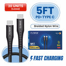 Loose (Pack of 20) Counter Box - 5FT Fast Charging Cable [Type C - Type C (PD)] Nylon Braided - Black w/ Black Shell (35)