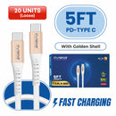 Loose (Pack of 20) Counter Box - 5FT Fast Charging Cable [Type C - Type C (PD)] - White w/ Golden Shell (23)